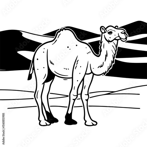 Dromedary Camel Standing in Desert Landscape – Vector Illustration