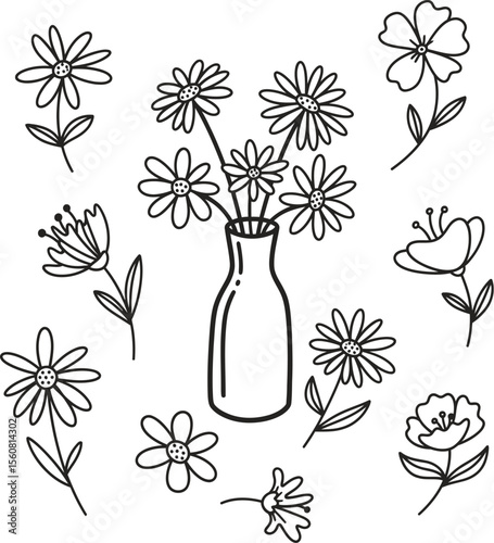 Abstract Black Flowers Vector Set - Hand-Drawn Crayon & Doodle Line Art