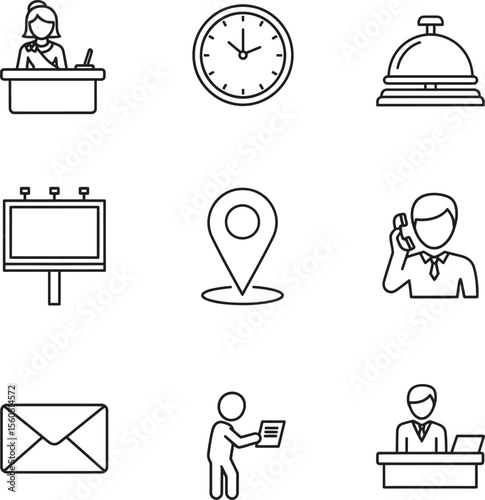 Hotel & Hospitality Outline Icon Set - Reception, Booking & Concierge Symbols
