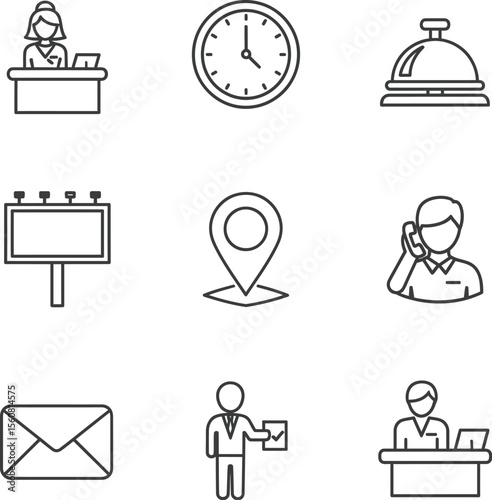 Hotel & Hospitality Outline Icon Set - Reception, Booking & Concierge Symbols