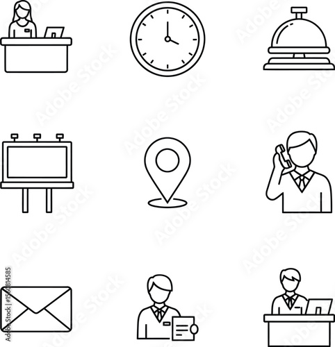 Hotel & Hospitality Outline Icon Set - Reception, Booking & Concierge Symbols
