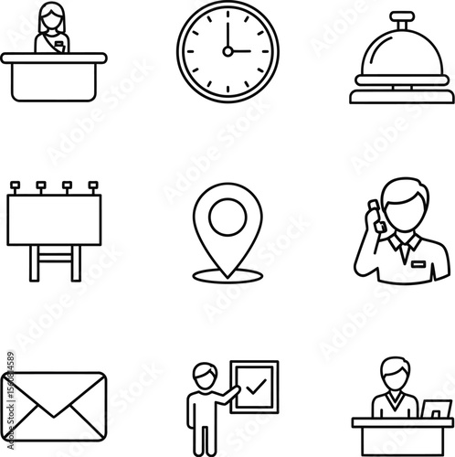 Hotel & Hospitality Outline Icon Set - Reception, Booking & Concierge Symbols