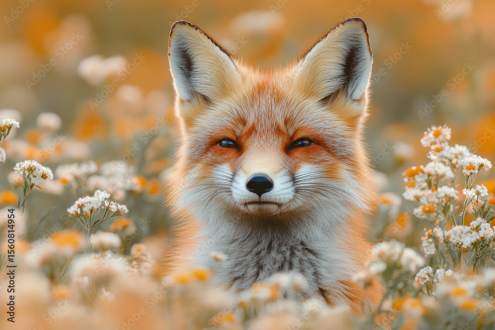 Fototapeta premium Fox in field of flowers.