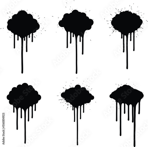 Street Art Graffiti Stains Vector Set - Black Spray Paint Drips & Grunge Texture