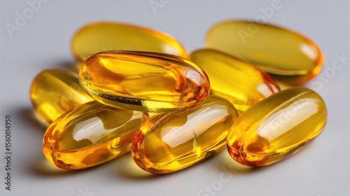 Soft gel capsules in vibrant yellow color are stacked together, showcasing their shiny surface and oval shape. These capsules often serve as dietary supplements for health. photo