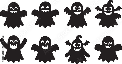 Cute black and white Halloween Ghost silhouette set. Funny cartoon Halloween elements and spooky vector icons