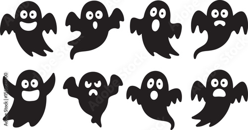 Cute black and white Halloween Ghost silhouette set. Funny cartoon Halloween elements and spooky vector icons