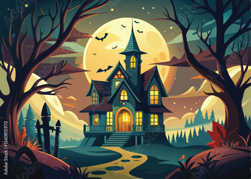 halloween night landscape with castle