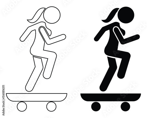 Skateboard icon with woman. Side modern skateboard icon fill and outline vector illustration website graphic design. Person riding a skateboard with confidence. Vector illustration.