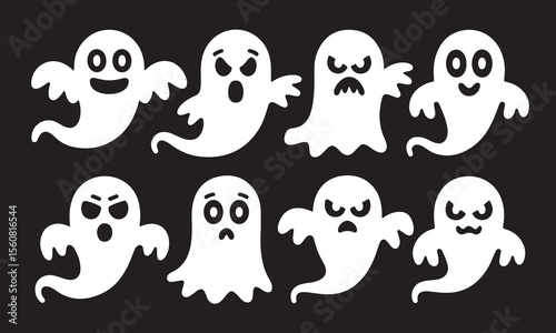 Cute black and white Halloween Ghost silhouette set. Funny cartoon Halloween elements and spooky vector icons