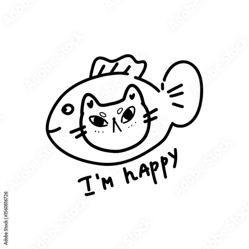 Comical sticker featuring a grumpy cat wearing a fancy fish hat. Funny vector design combines sarcasm and charm, perfect for humorous greeting cards or pet-themed prints.
