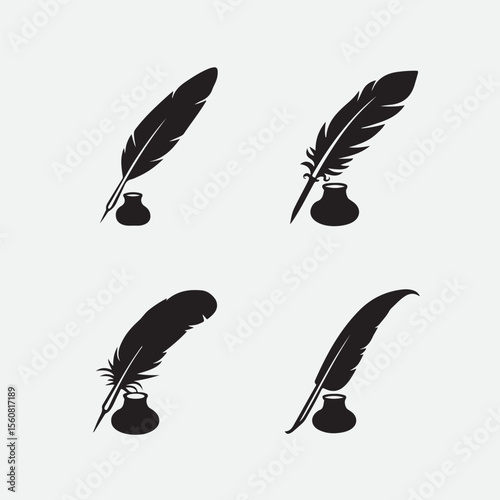 Minimalist set of quill pen and inkwell silhouettes in black on white background