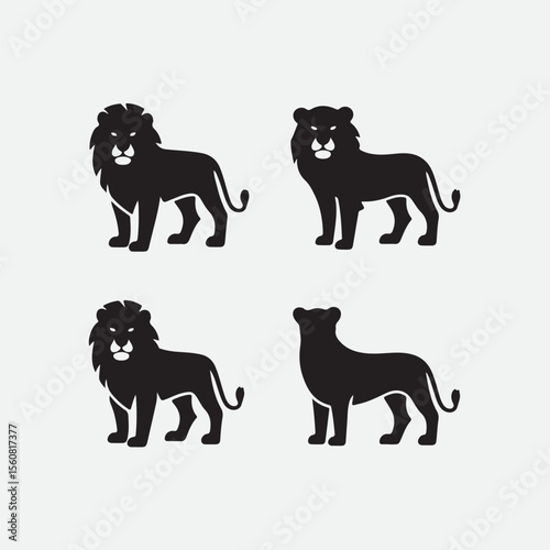 Silhouetted lions standing in different powerful stances on minimalistic plain white background
