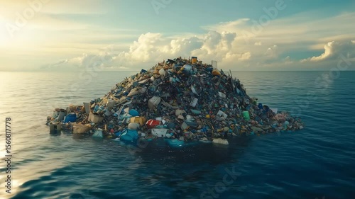 A massive floating island made entirely of garbage, drifting in the ocean, dreamlike yet unsettling