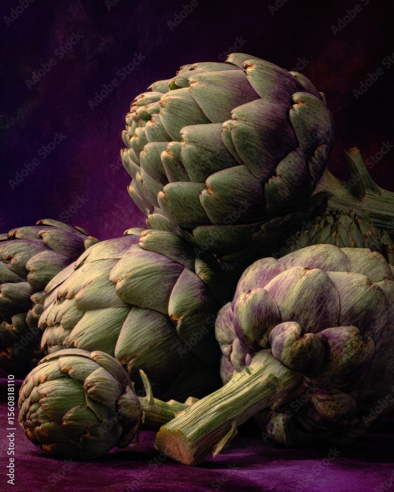 Fototapeta premium Fresh Organic Artichokes with Closed Buds and Green Leaves on Dark Background for Healthy Vegetarian Cuisine and Natural Food Display