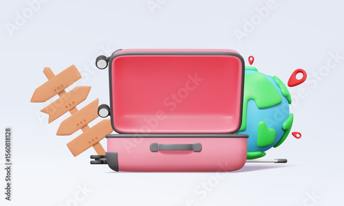 Open travel bag pink color empty with signpost earth pin map elements design ads planning worldwide trip tour adventure summer holiday season vacation suitcase transportation. 3d vector illustration 