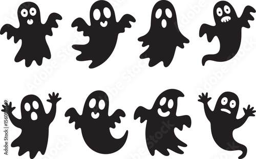 Cute black and white Halloween Ghost silhouette set. Funny cartoon Halloween elements and spooky vector icons