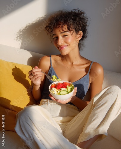 Happy young woman enjoying healthy breakfast with fresh vegetables in a cozy setting, natural light illuminating her smiling face
