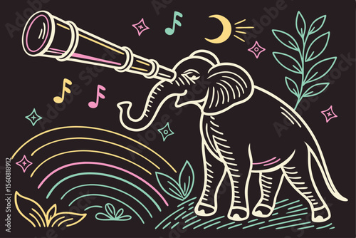 Elephant and Telescope: A charming illustration depicts a whimsical elephant gazing through a telescope, inviting curiosity and wonder.