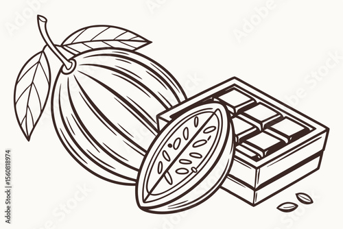 Cocoa Delights: Artistic illustration of cocoa bean, cocoa fruit and bar