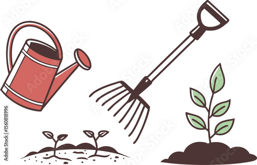 Nurturing Growth: A cheerful illustration showcases the tools and seedlings required for garden development, inspiring thoughts of springtime and verdant growth.