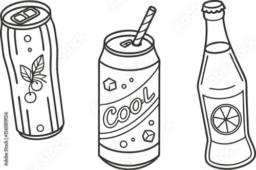 Refreshment Trio: Depiction of refreshing drinks, each presented with distinct style and design, showcasing the simple pleasure of cold beverages.