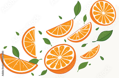 Orange Slices with Leaves: A refreshing illustration showcases vibrant orange slices and green leaves gently cascading in air, capturing essence of natural goodness.