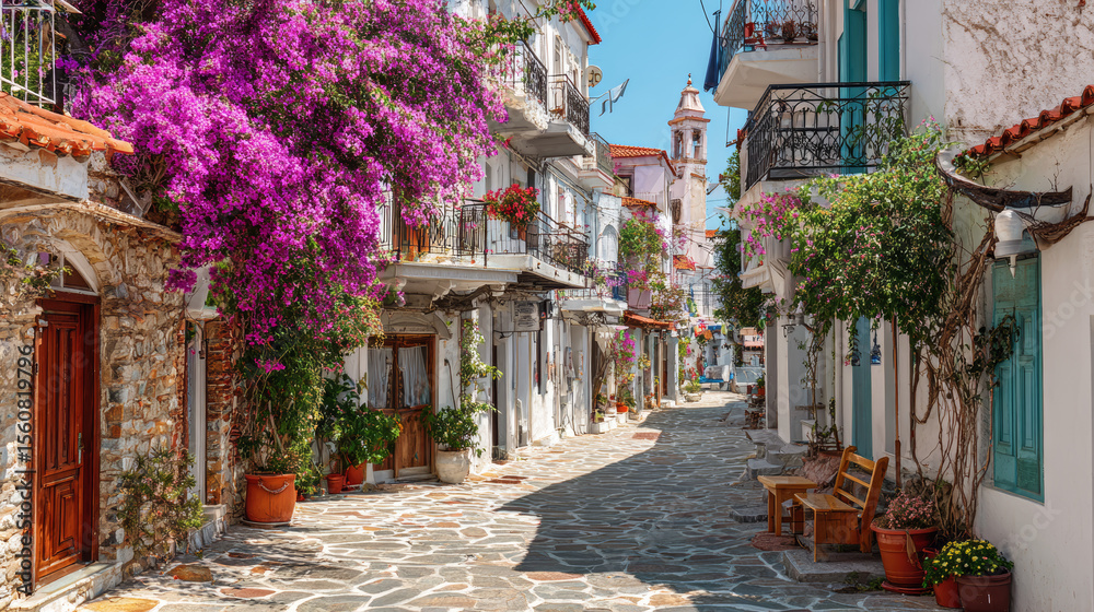 Obraz premium Historic section of Skiathos Island town in Greece, known for its charm