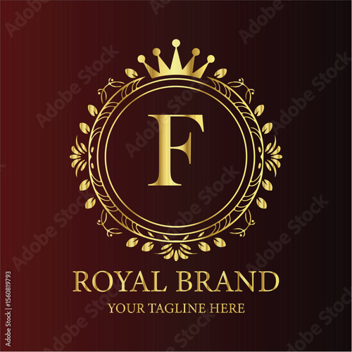 Golden vintage vector label with ribbon, a premium quality award illustration LOGO F