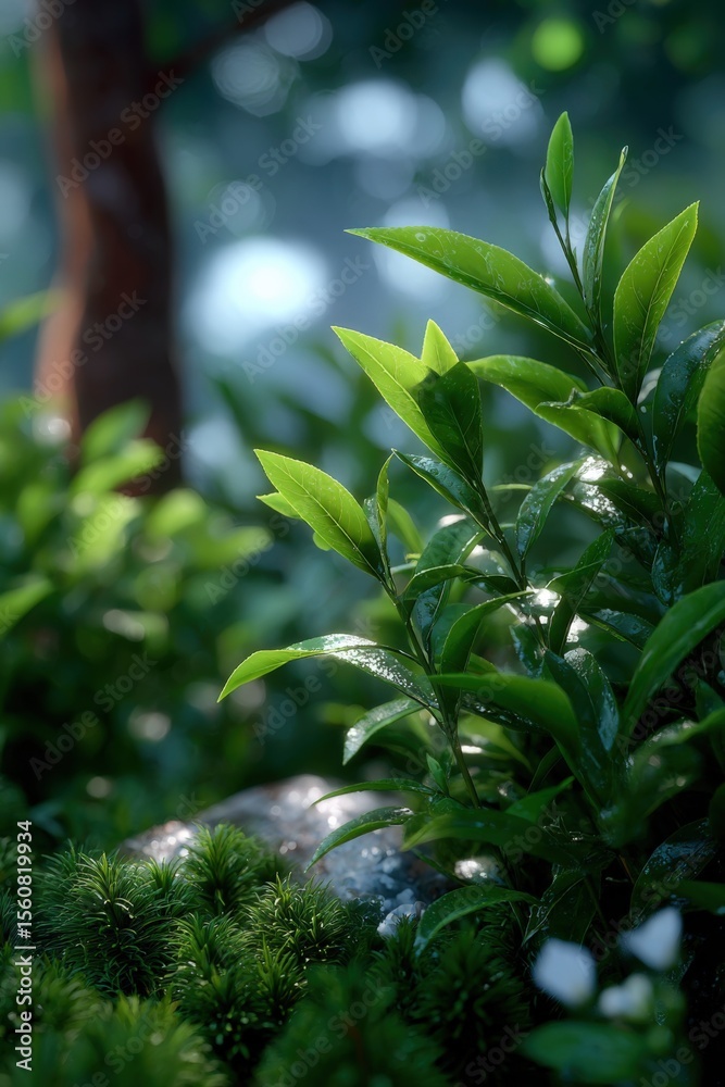 Obraz premium Lush green tea plant with vibrant new leaves growing under natural sunlight in a healthy organic garden setting
