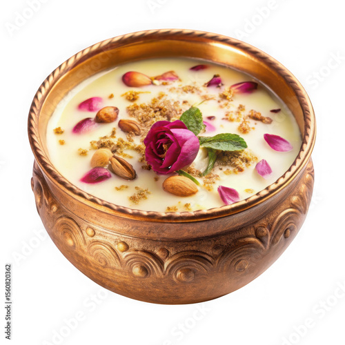 Delicious indian dessert kheer garnished with rose petals almonds and mint leaves in a decorative bowl isolated on transparent background