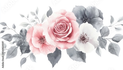 Fototapeta Naklejka Na Ścianę i Meble -  Delicate bouquet of pastel pink and grey roses and wildflowers