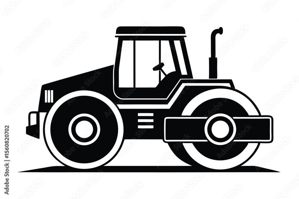 Naklejka premium Black and White Illustration of a Road Roller Construction Vehicle Graphic Style