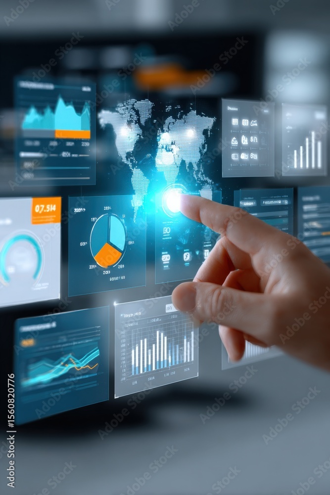 Fototapeta premium Future Technology Data Analytics Visualization with Touchscreen Interaction Showing Global Business and Digital World Charts
