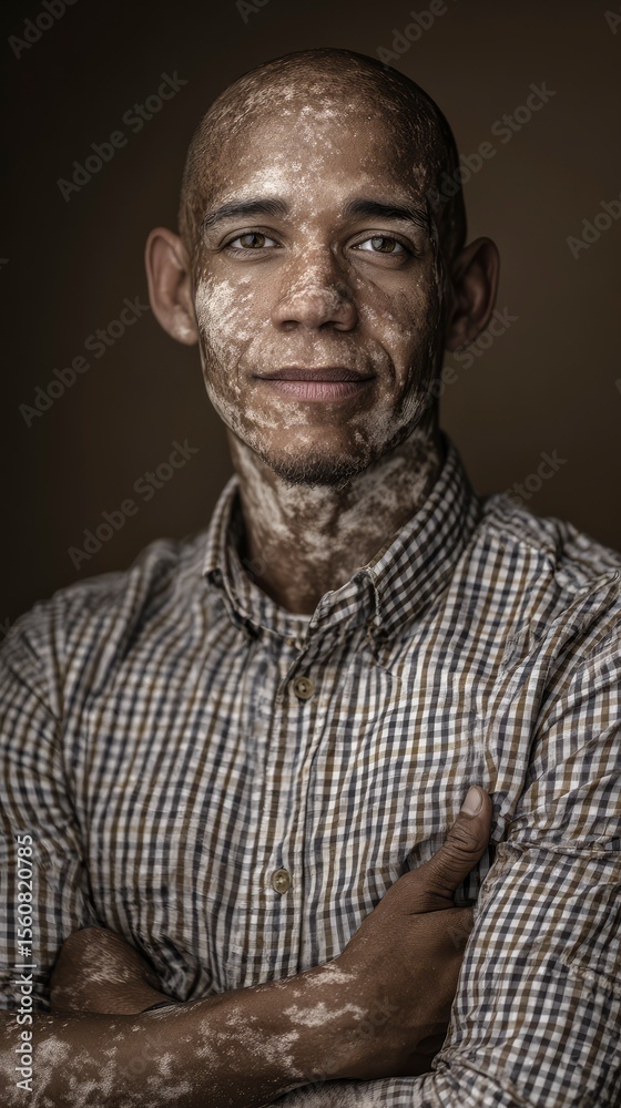 Fototapeta premium Portrait of a man with vitiligo, confident expression, high-resolution detail, vibrant background