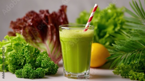 Refreshing green vegetable juice with leafy greens herbs and lemon in clear glass with striped straw on gray background