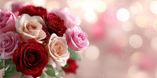 Beautiful Botanical Bouquet of Fresh Red Pink and White Roses Arranged with Green Leaves on Soft Blurred Bokeh Background in Natural Light