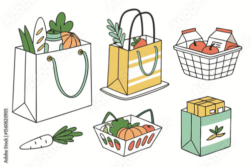 shopping bags and baskets flat vector illustration