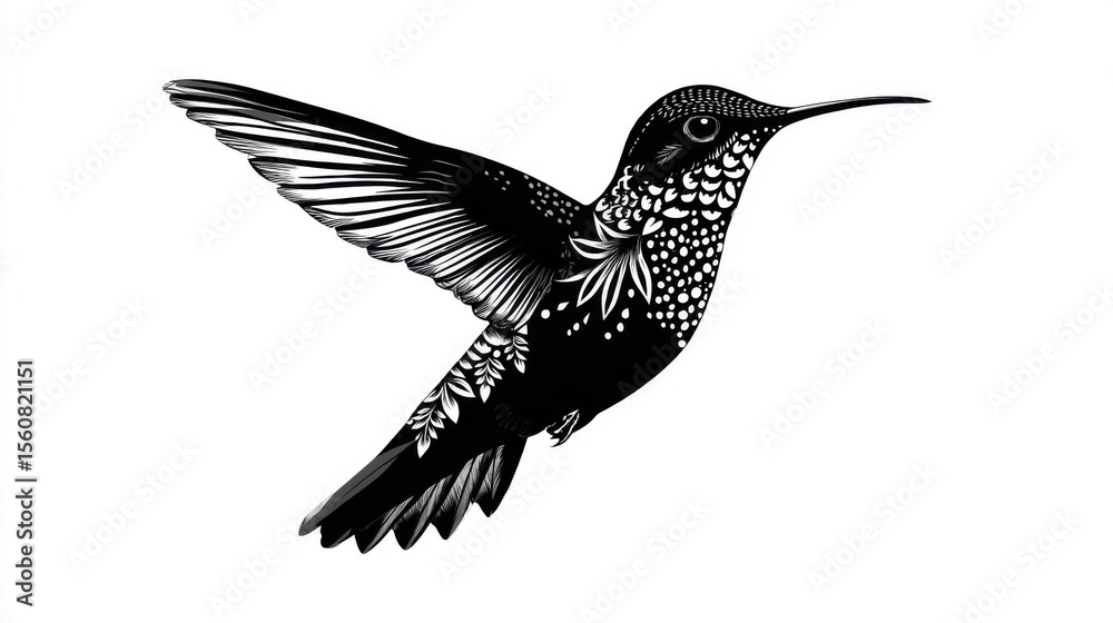 Obraz premium A delicate hummingbird hovers mid-air, displaying its vibrant feathers and intricate patterns. The background is minimal, highlighting the beauty of the bird.