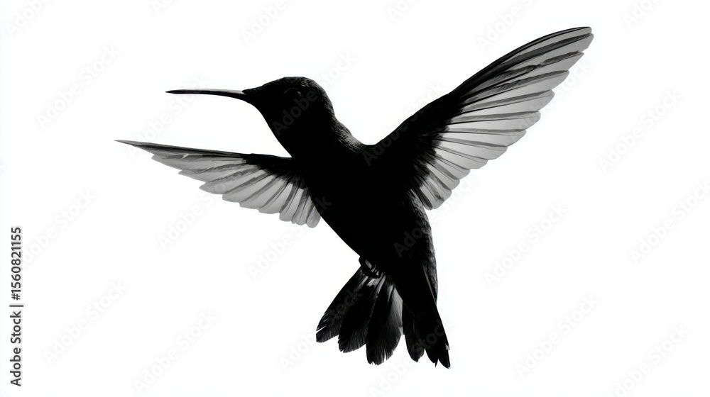 Obraz premium A hummingbird flits gracefully through the air, its wings in motion and body silhouetted against a bright white backdrop, highlighting the beauty of its shape.
