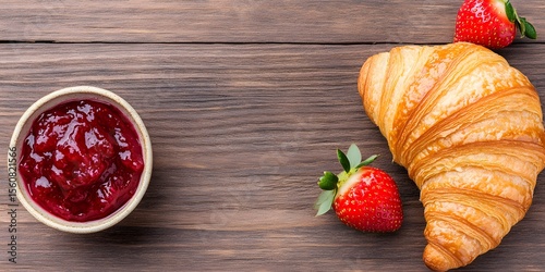 Croissant with strawberry and bowl of berry jam on wooden background, French breakfast pastry, Flat lay rustic food concept, Overhead bakery composition, Copy space for text

