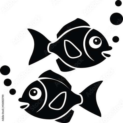 A charming black-and-white illustration featuring two playful fish swimming together, complete with bubbles. This delightful design captures the essence of aquatic life and is perfect for children's.