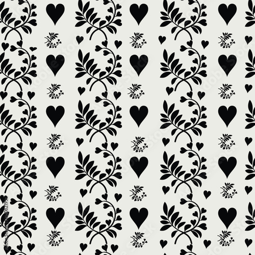 A sophisticated repeating pattern featuring intertwining vines and heart shapes in black against a soft light background. This stylish design is perfect for romantic themes, wedding decor, or any .