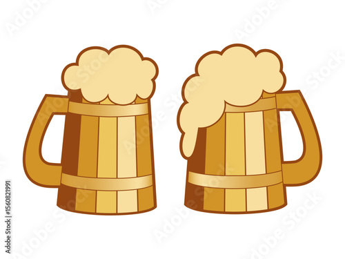 Wooden mugs set with beer foam. Cartoon stylized flat vector illustration isolated on white background
