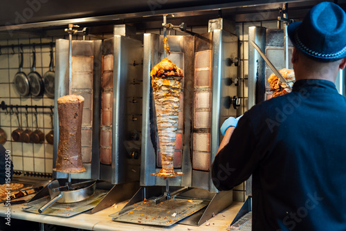 Fototapeta Naklejka Na Ścianę i Meble -  Delicious and authentic Greek gyros pita wraps with both chicken and pork, packed with fresh tomatoes, onions, and tzatziki sauce. A classic Athens street food experience, perfect for foodies.