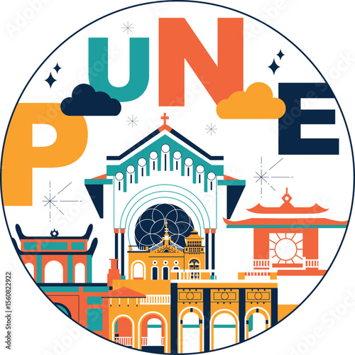 Pune culture travel set, Indian famous architectures and specialties in flat design. Business travel and tourism concept clipart. Image for presentation, banner, website, advert, flyer, roadmap