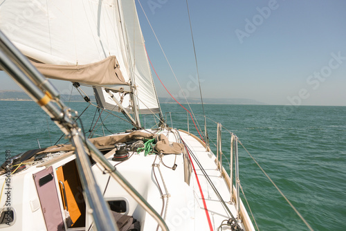 A small sailing yacht on the south coast of England, view from the Skippers perspective