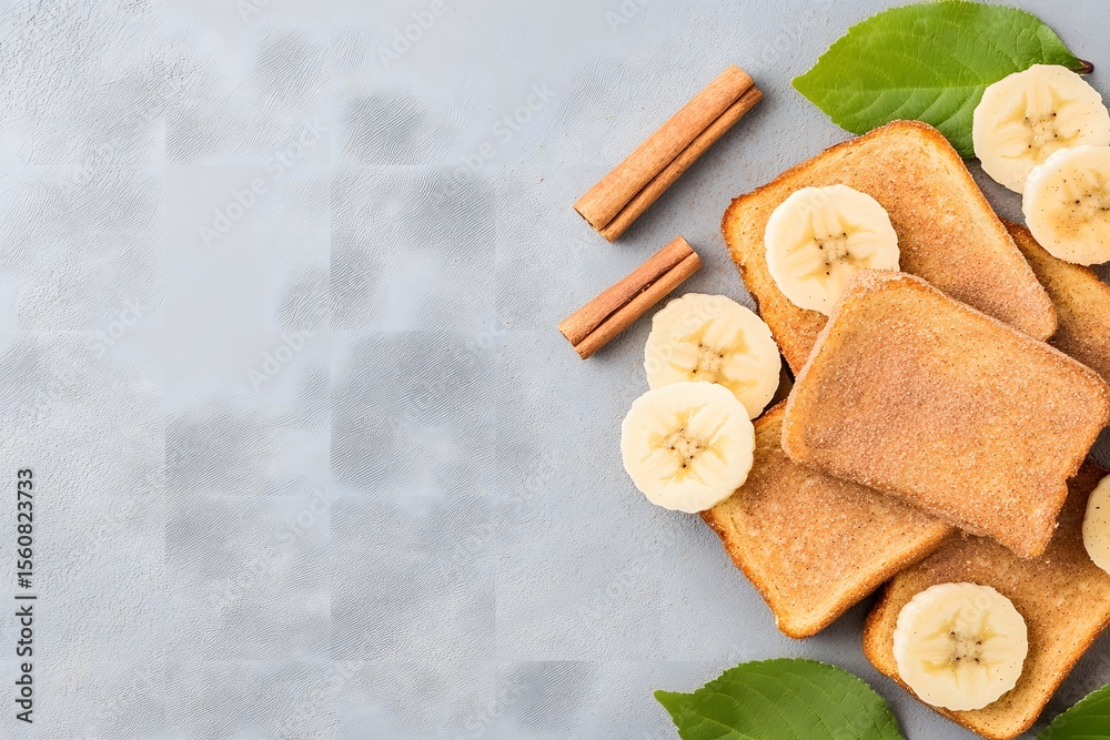 Fototapeta premium French toast with banana slices and cinnamon sticks on gray stone background, Rustic breakfast plate, Flat lay overhead food concept, Copy space for text