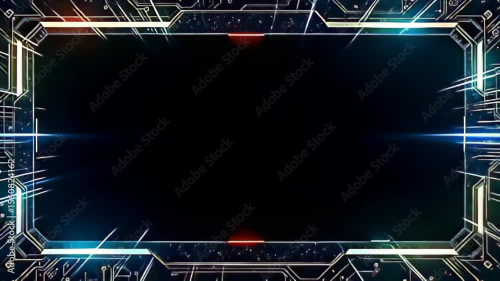 Step into a world of innovation with a Futuristic tech Border Frame with circuit like edges, framed by radiant bursts of color that oscillate and shift, forming an enchanting display