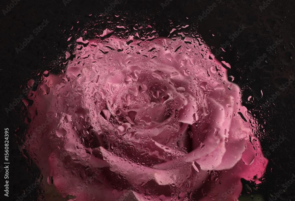 Obraz premium Smoke selected soft focus pink Rose Flower bud through glass with wet flow water drops. Abstract natural black blur background.